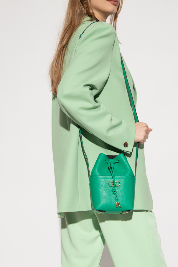 SchaferandweinerShops VN Salvatore Ferragamo Gancini logo tote Green Leather bucket shoulder bag FERRAGAMO